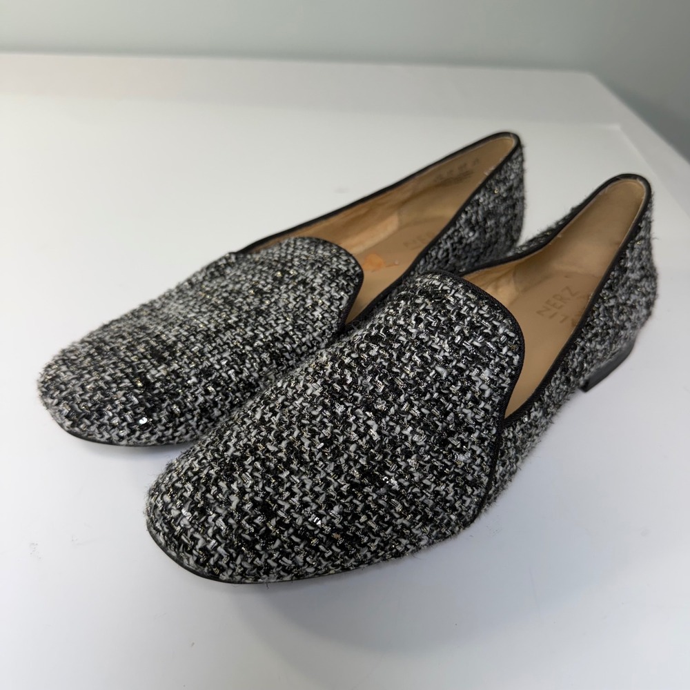 Naturalizer Emiline Tweed Loafers Black‎ White Metallic Gold Flats Womens 9.5M